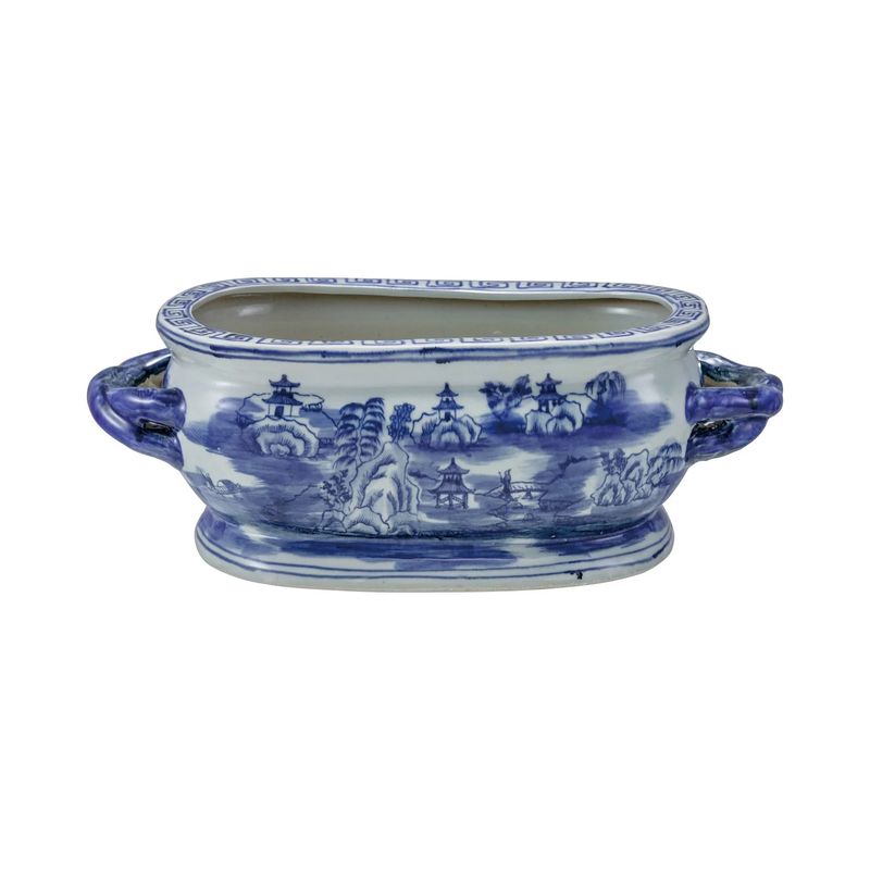17-1/2" X 7" Oval Stoneware Planter Blue/White