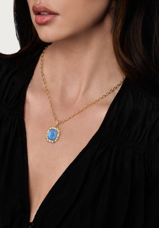 Bamboo W/Stone Pendant Necklace Gold/Blue
