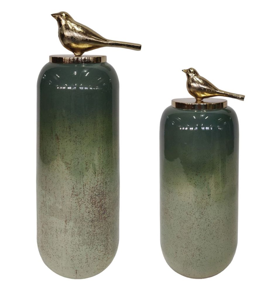 Green &amp; Gold Glass Vases Set of 2