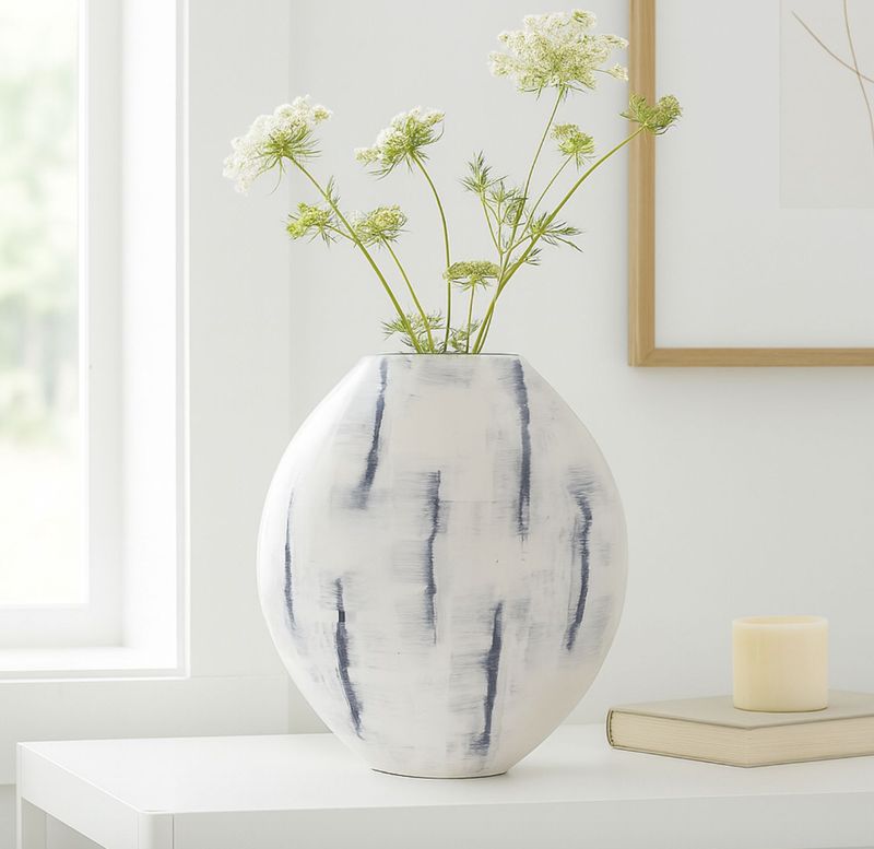 Distressed White Enameled Round Vase 20"