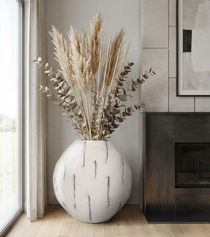 Distressed White Enameled Round Vase 33"
