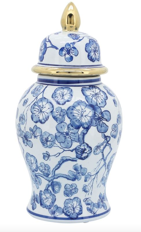 Blue and White Temple Jar w/Hibiscus Blue and White Temple Jar w/Hibiscus