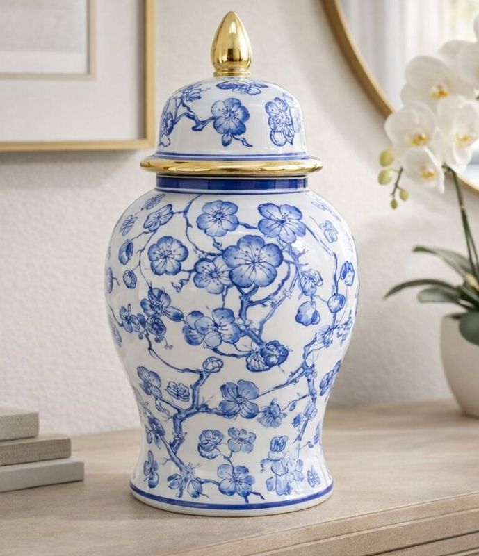 Blue and White Temple Jar w/Hibiscus