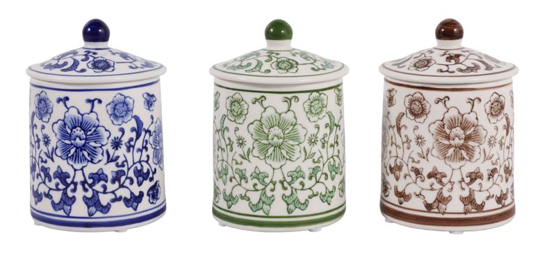 White Chinoiserie Jars w/Colors Set of 3 White Chinoiserie Jars w/Colors Set of 3