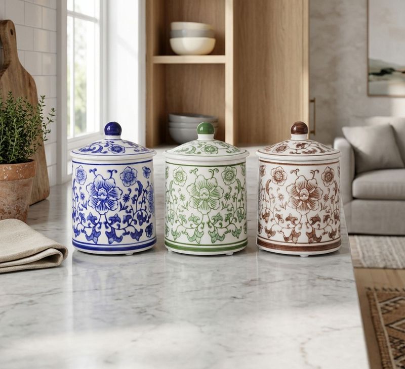 White Chinoiserie Jars w/Colors Set of 3