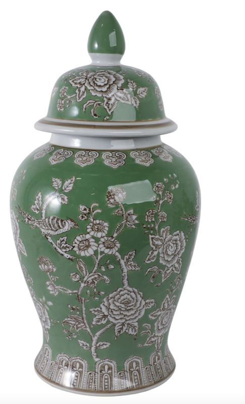 Green Bird Chinoiserie Lidded Vase 19" Green Bird Chinoiserie Lidded Vase 19"