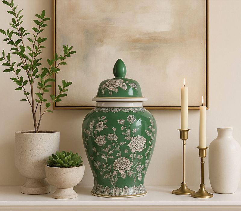 Green Bird Chinoiserie Lidded Vase 19"