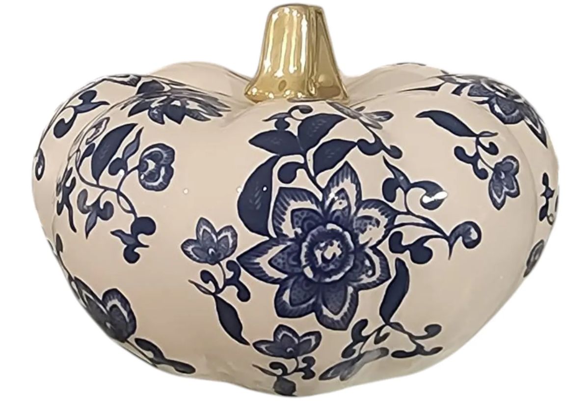 Blue and White Chinoiserie Pumpkin with Gold Top 4"