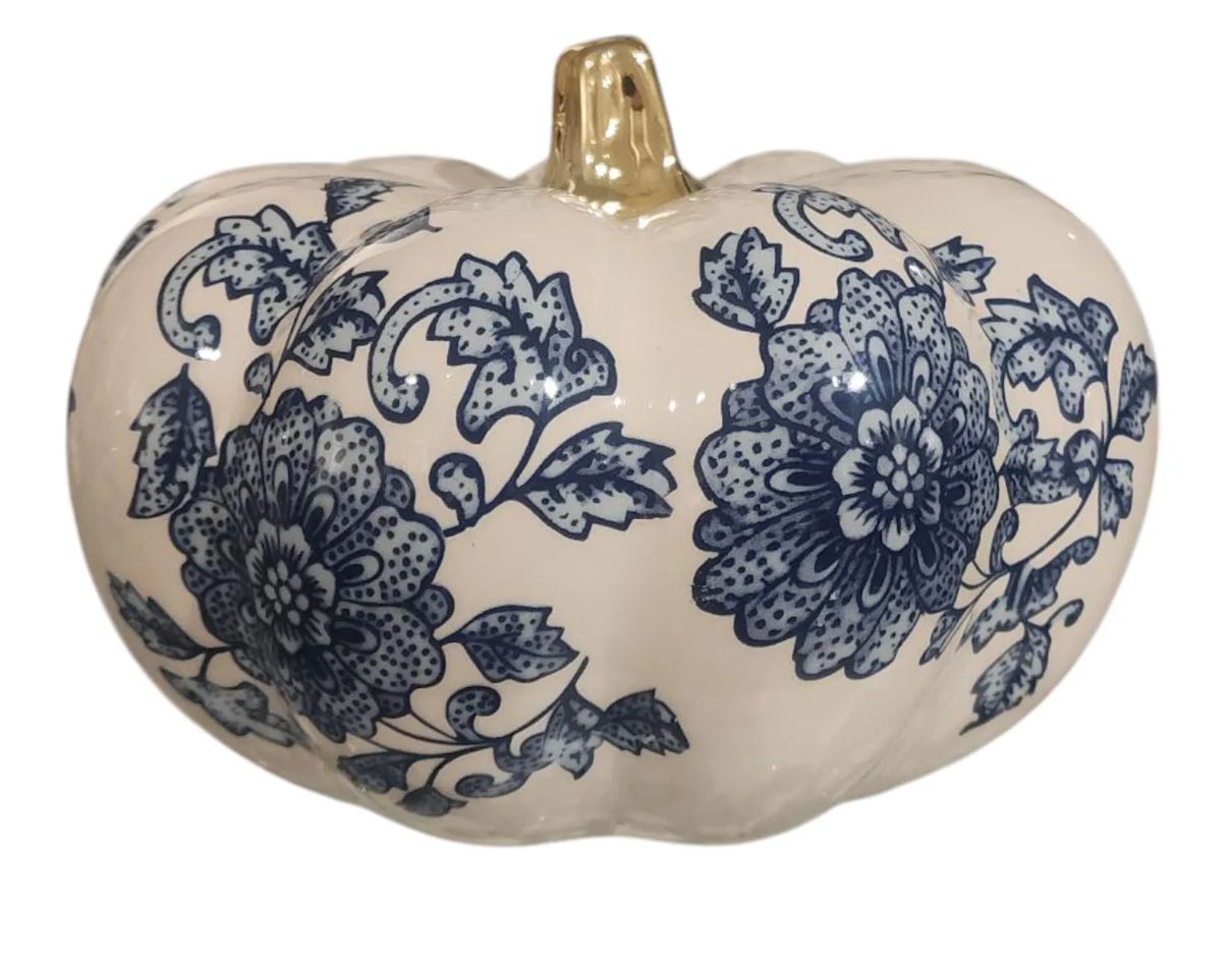 Blue and White Chinoiserie Pumpkin with Gold Top 6"