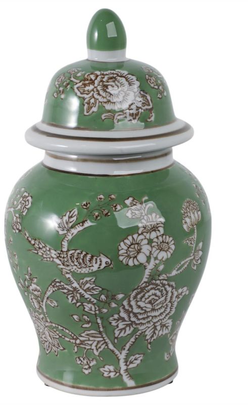 Small Green Chinoiserie Lidded Vase 11" Small Green Chinoiserie Lidded Vase 11"