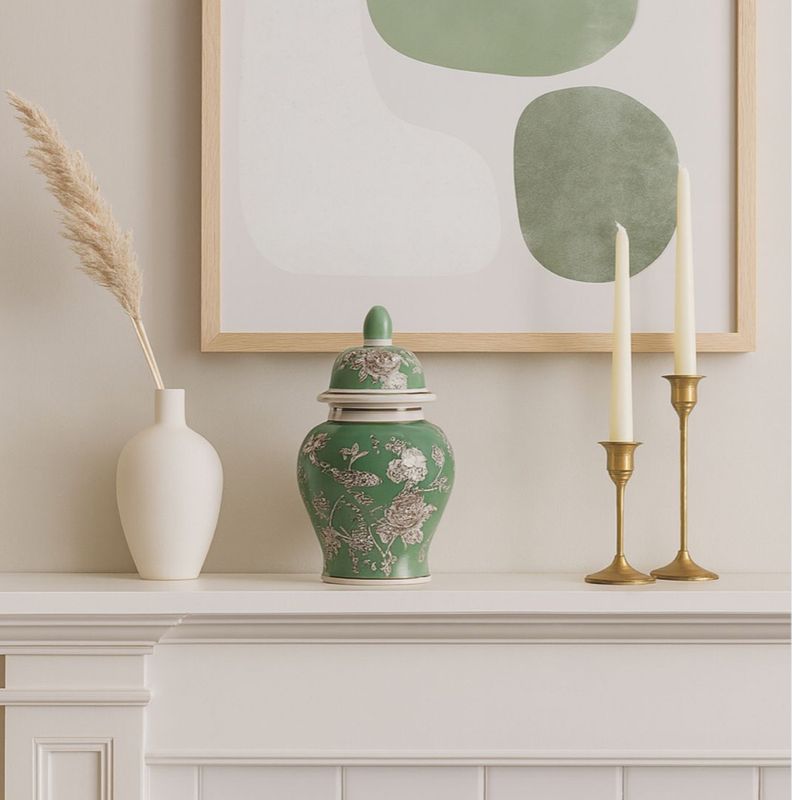 Small Green Chinoiserie Lidded Vase 11"