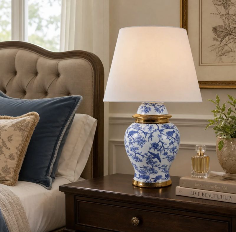 Chinoiserie Birds Table Lamp Gold Trim