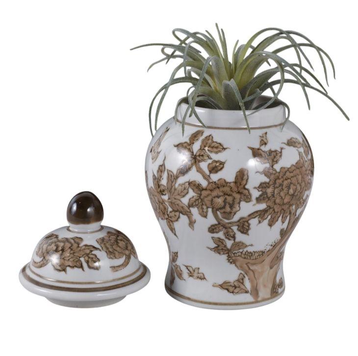 Small Brown Chinoiserie Lidded Vase 9"