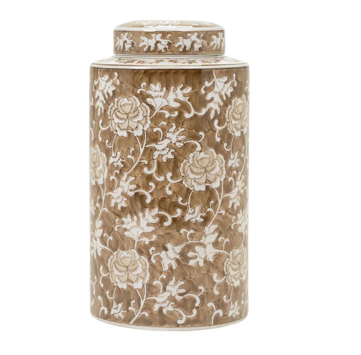 Brown and White Lidded Jar 14.5" Brown and White Lidded Jar 14.5"
