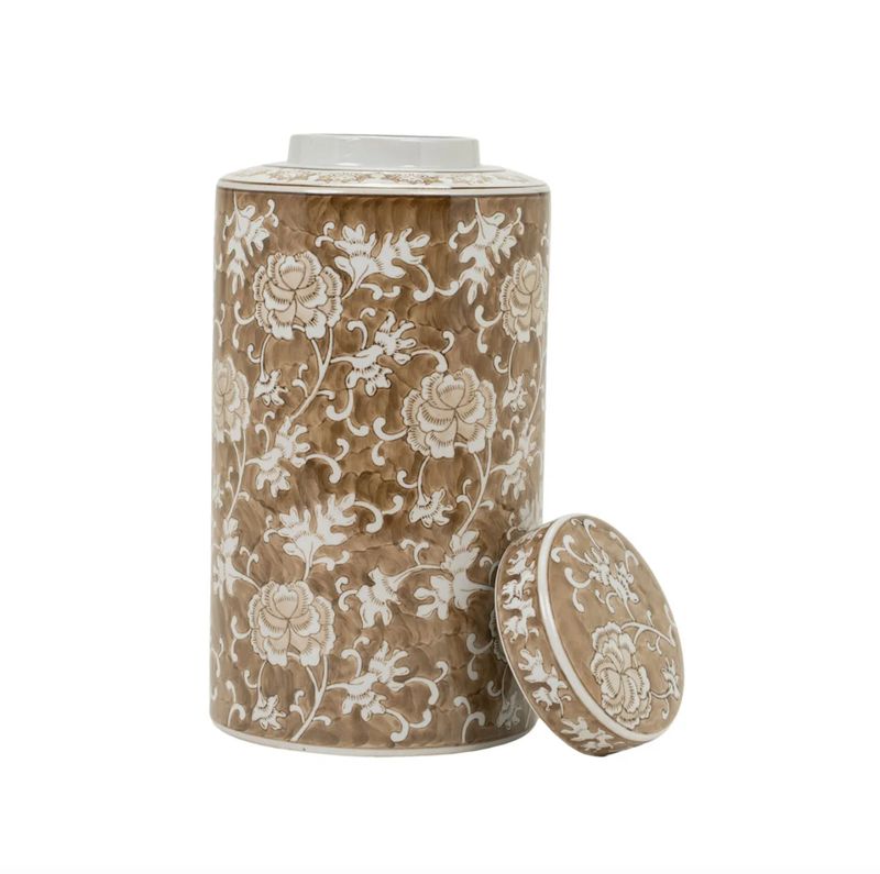 Brown and White Lidded Jar 14.5"