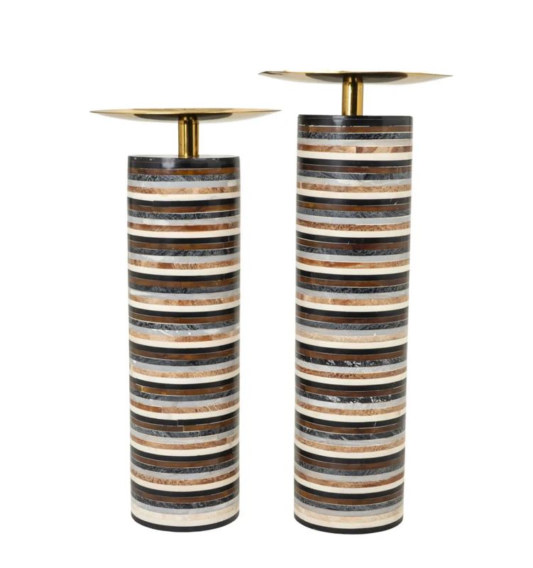 Brown Black Stripe Candleholders Set of 2