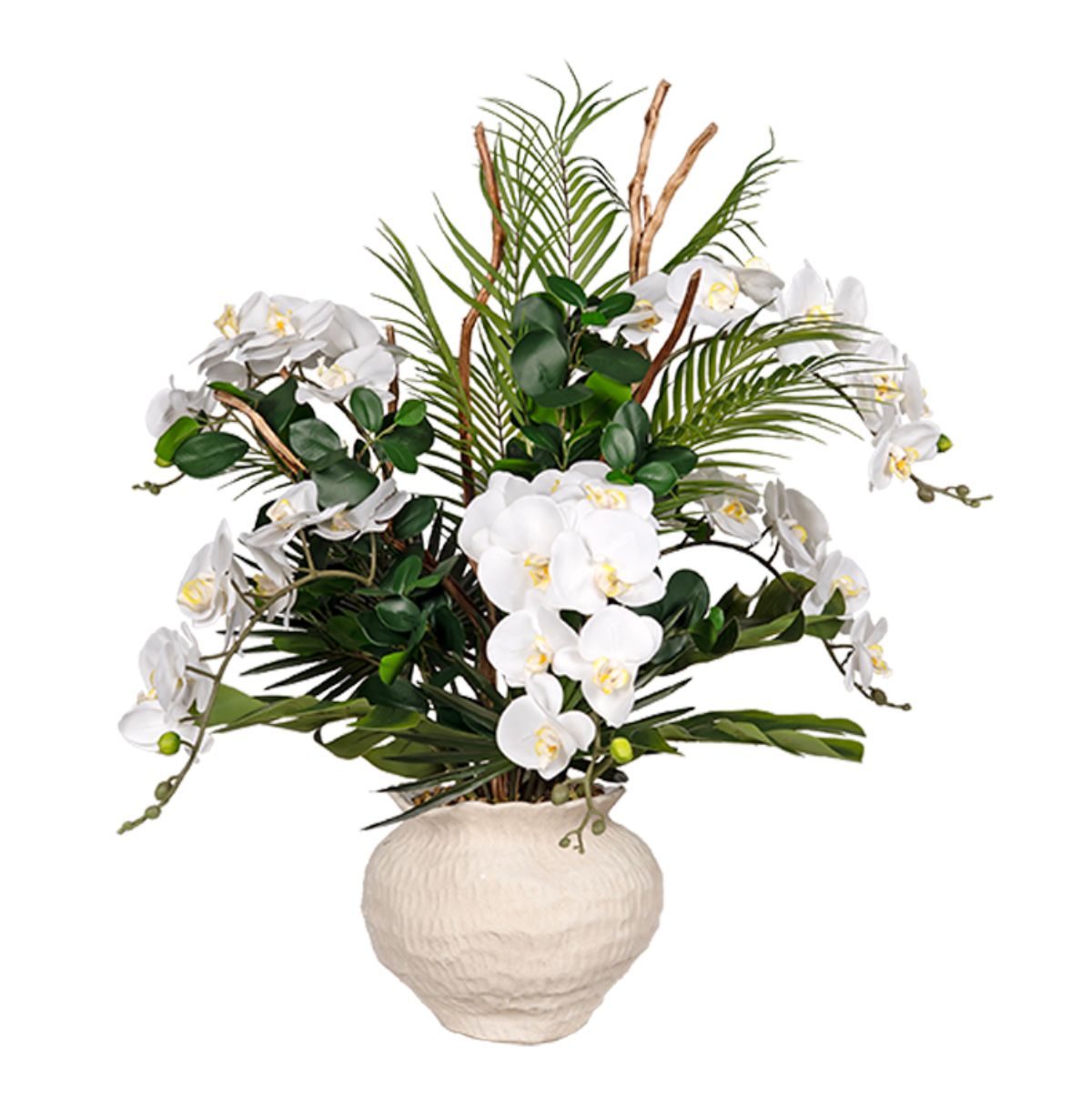 Real Touch Orchids & Tiger Wood in Clouded Clay Planter Real Touch Orchids & Tiger Wood in Clouded Clay Planter
