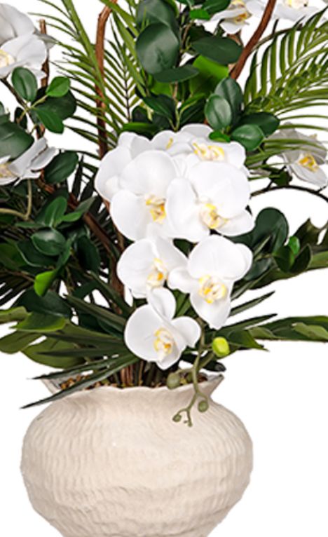 Real Touch Orchids &amp; Tiger Wood in Clouded Clay Planter