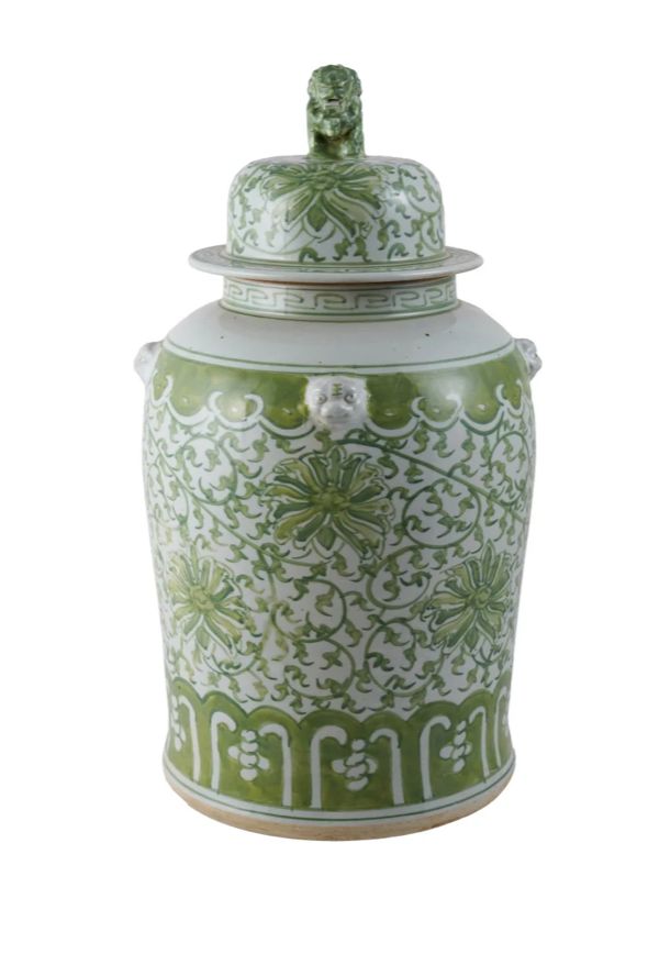 Decorative Hand-Painted Stoneware Ginger Jar w/ Floral Pattern &amp; Foo Dog