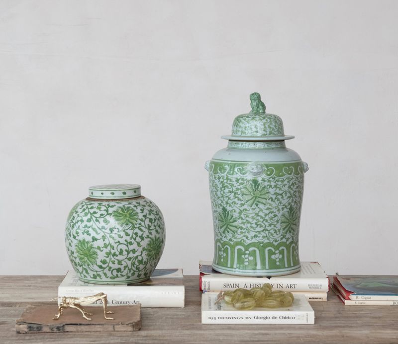 Decorative Hand-Painted Stoneware Ginger Jar w/ Floral Pattern & Foo Dog