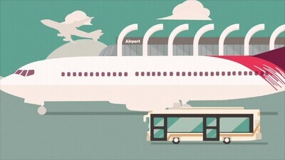 a bus moving through the airport