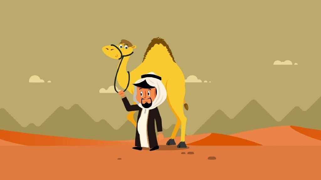 a motion video for a gulf man walking with a camel