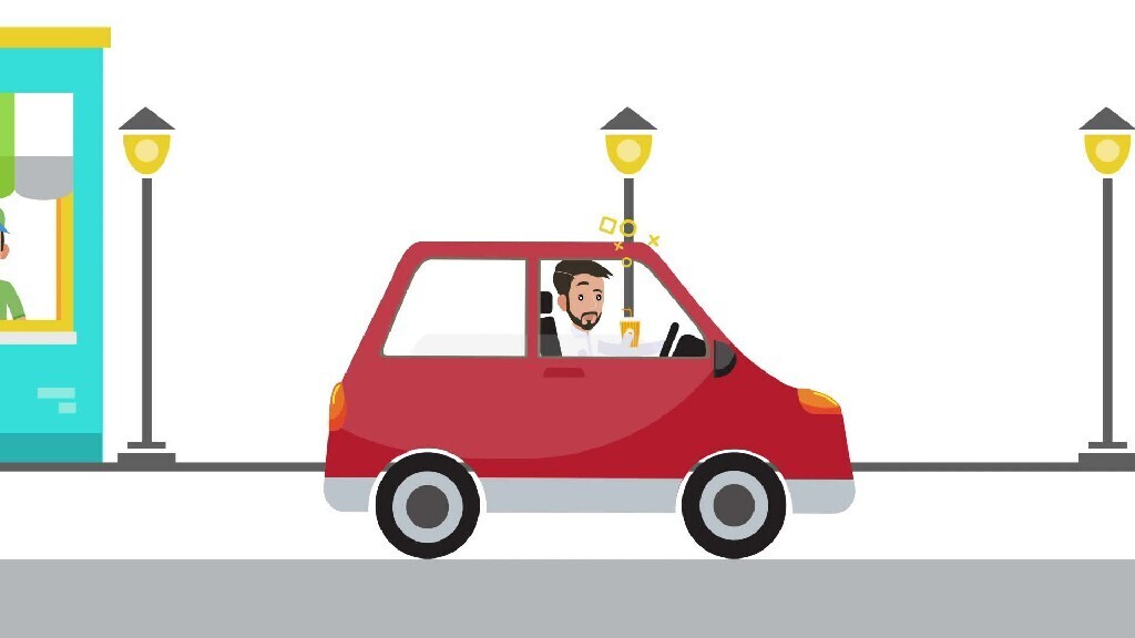 a young man drives his car and buys a drink from a kiosk