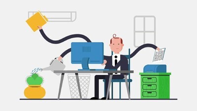 a motion video of a multi tasker employee in the office