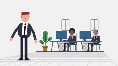 a motion video of two men sitting in the office and working on the computer, and the manager standing away