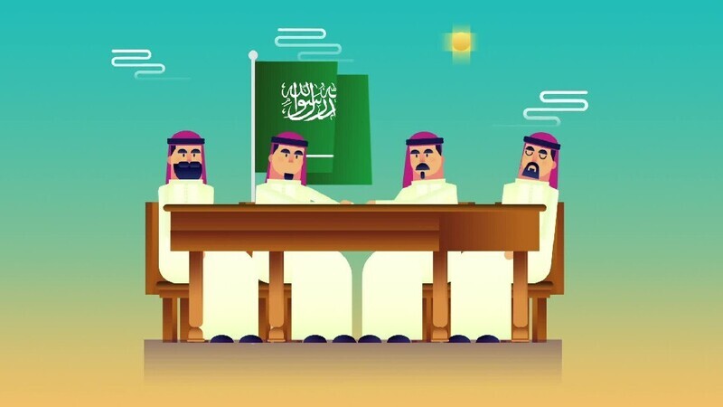 Motion video of four men sitting together in a meeting beside a flag of saudi arabia
