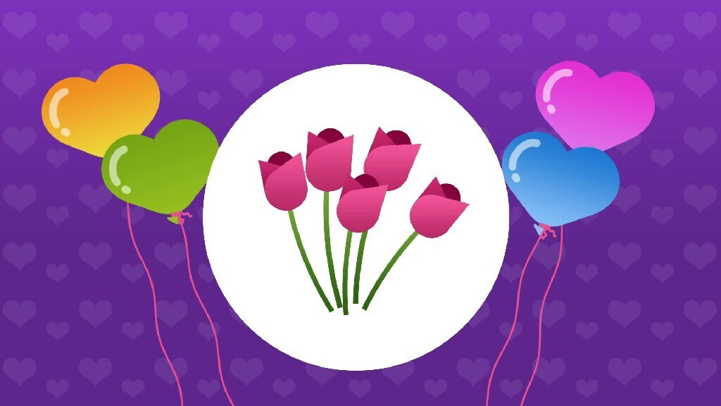 a motion video shows a bouquet of roses and balloons turning into perfume in a bottle