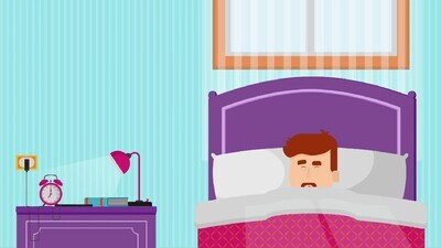 motion video of a character sleeping on the bed and the alarm clock is ringing