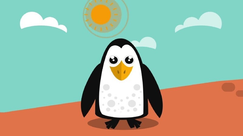 a penguin standing in an orange background