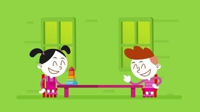 a motion video of two characters sitting and playing