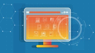 a motion video of a computer screen on a blue background with logos on it
