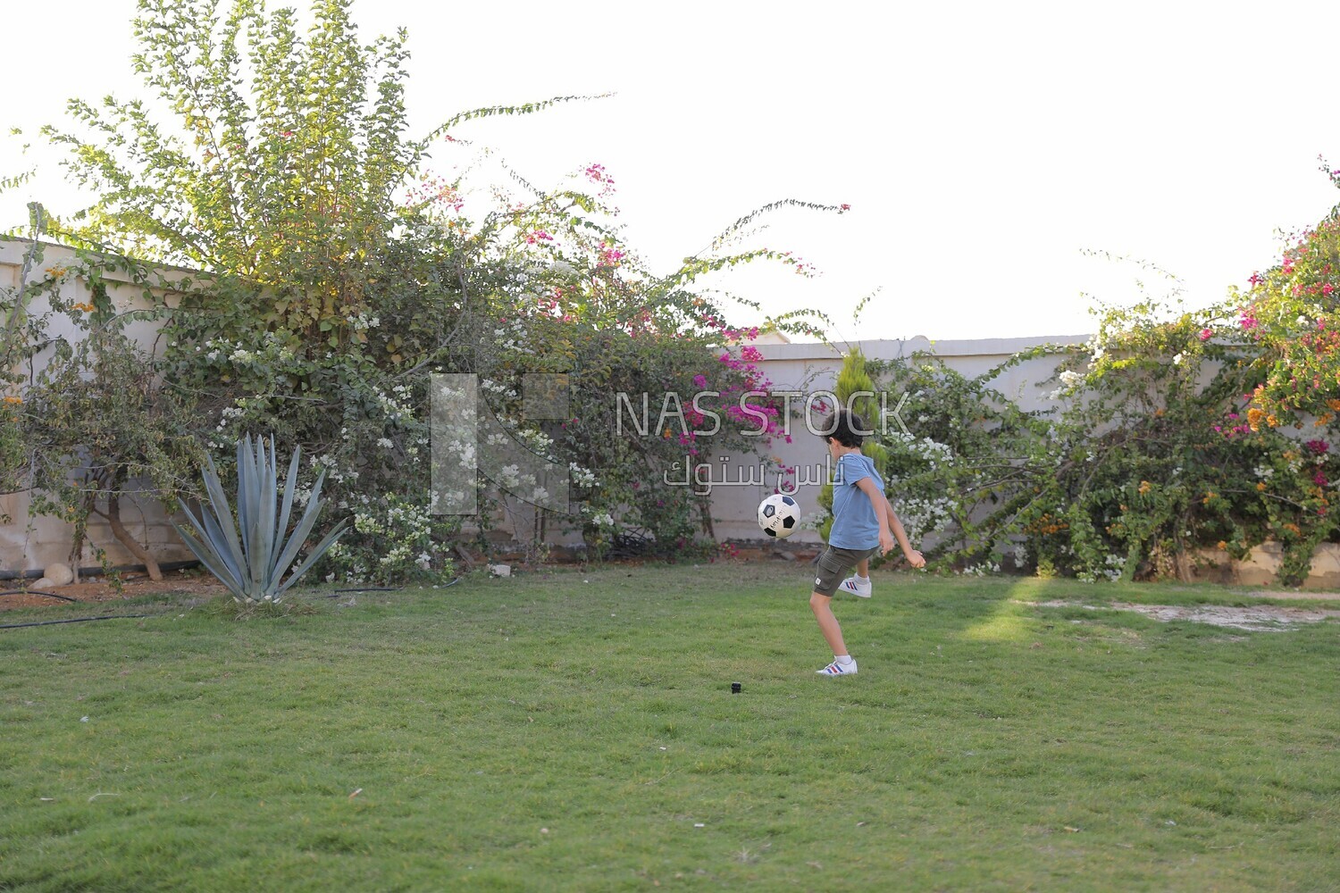 a boy playing football in the garden