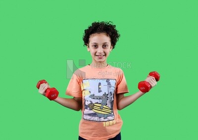 A boy holding dumbbells