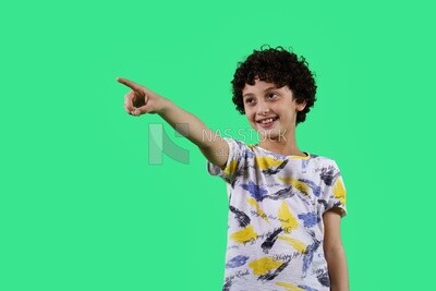 A boy standing on a green background