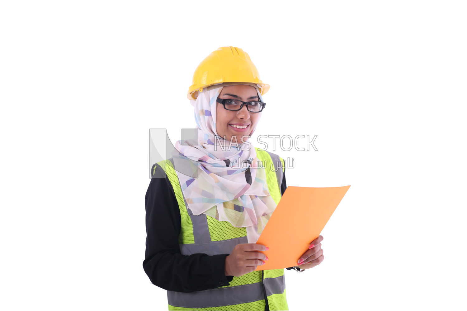 A woman standing and holding document