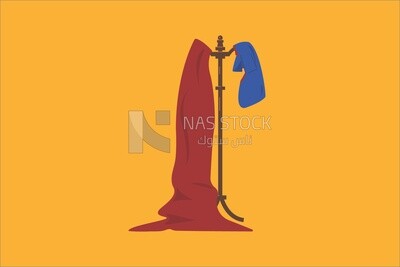 حامل ملابس خشبى معلق عليه بدلة لرجل خارق وهى  وشاح احمر وقميص ازرق