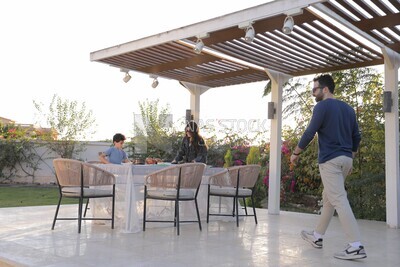 a family eating in the garden
