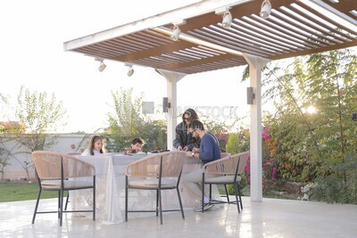 a family eating in the garden