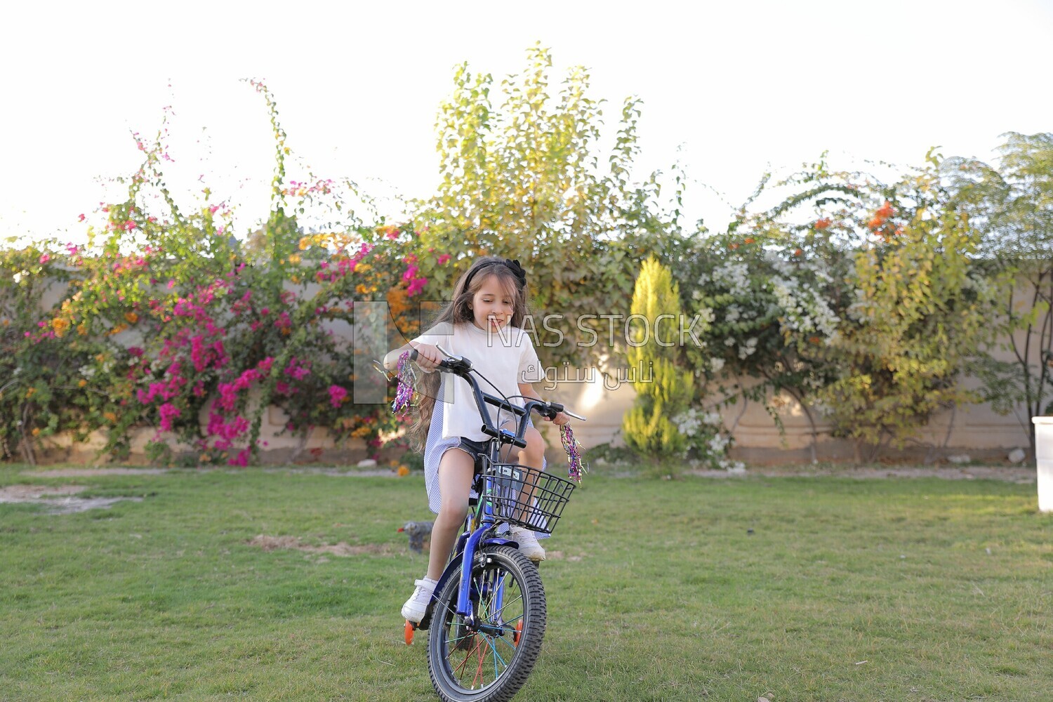 a girl riding a bike in the garden