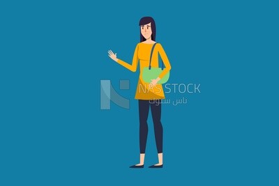 A woman carrying a bag and waving