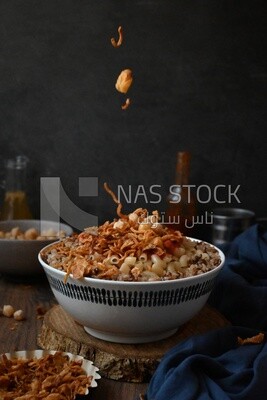 Egyptian koshary dish with flying onion