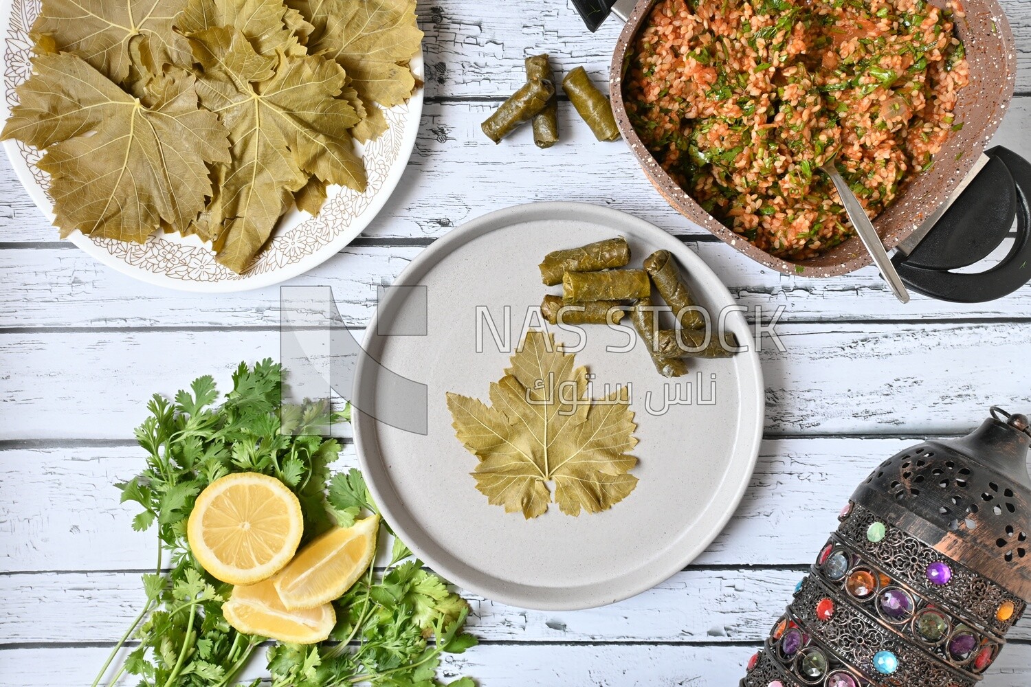 Grape leaves with lemon and ingredients