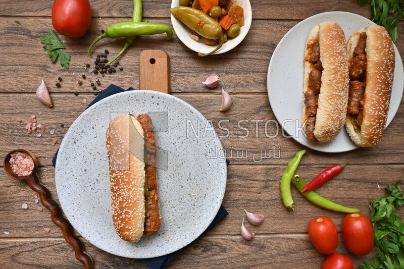 Top view of a delicious sausage sandwiches, delicious fast food meals, Arabic restaurants, delicious food recipes, delicious food, sausage sandwich