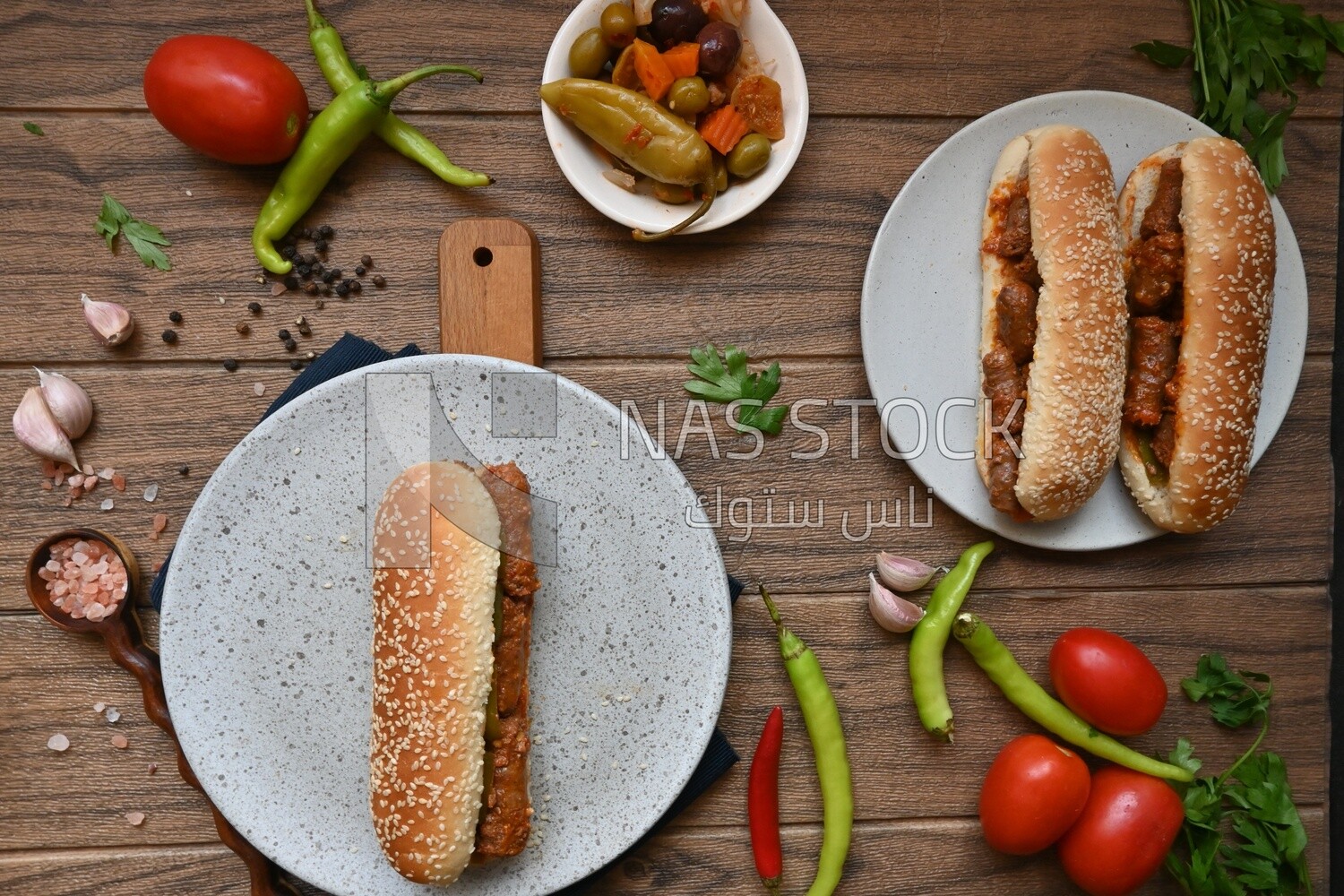 Top view of a delicious sausage sandwich, delicious fast food meals, Arabic restaurants, delicious food recipes, delicious food, sausage sandwich
