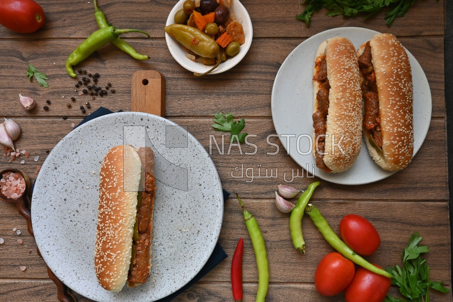 Top view of a delicious sausage sandwich, delicious fast food meals, Arabic restaurants, delicious food recipes, delicious food, sausage sandwich