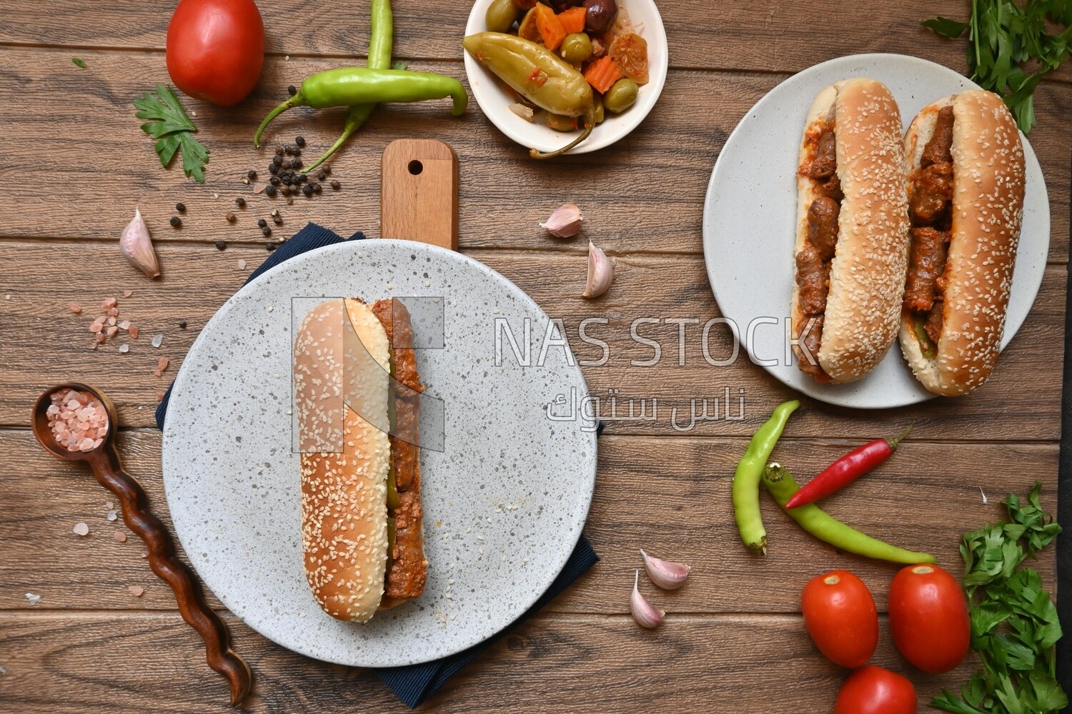 Top view of a delicious sausage sandwich, delicious fast food meals, Arabic restaurants, delicious food recipes, delicious food, sausage sandwich